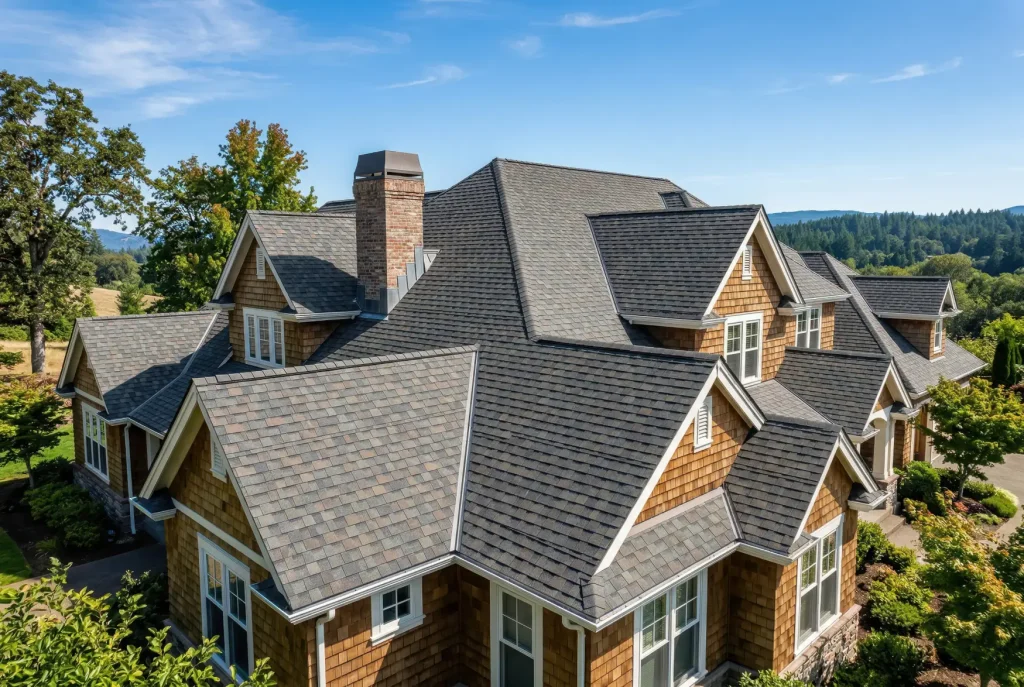 modern home featuring a complex architectural shingle roof under a bright clear sky photo 1